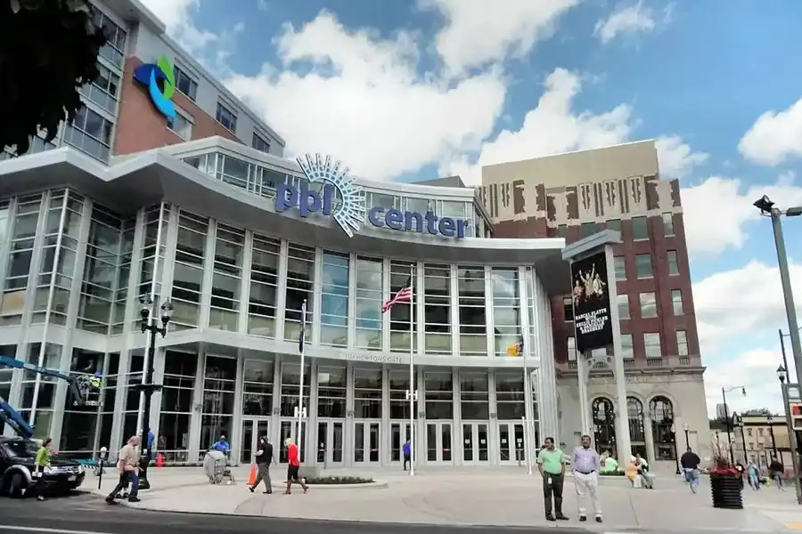 Exterior of PPL Center on Hamilton Street in downtown Allentown, in daylight